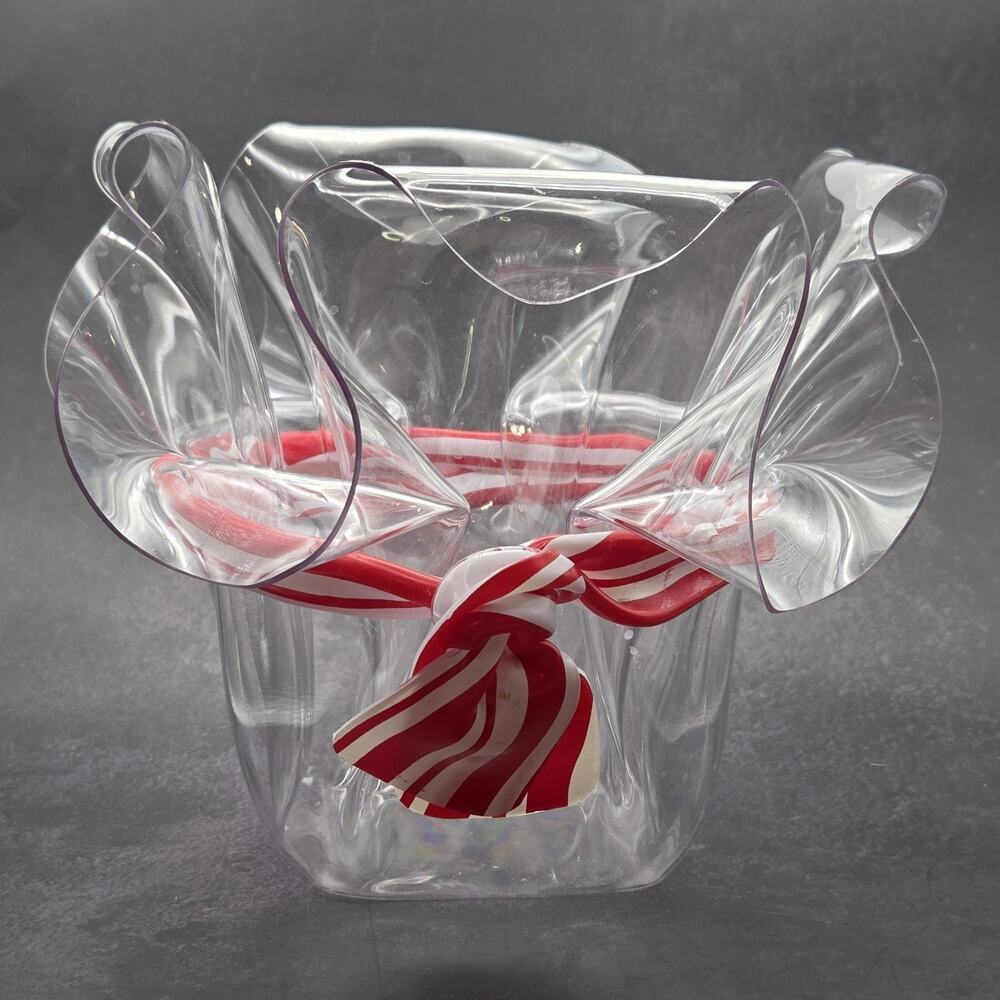 Vintage Clear Lucite Plastic Handkerchief Bowl C.T. Designs Red & White Ribbon